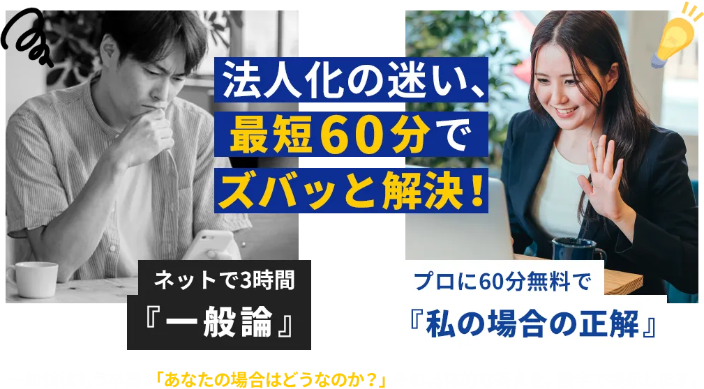 「法人化の迷い、最短60分でズバッと解決！」平日夜・土日何度でもZOOM無料相談