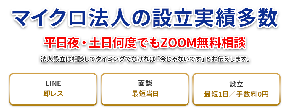 マイクロ法人の設立実績多数 平日夜・土日何度でもZOOM無料相談